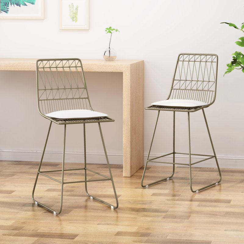 Beige Counter Stools, Iron Frame And Comfortable Cushion - Two Stools With Stable Padding 2Pcs