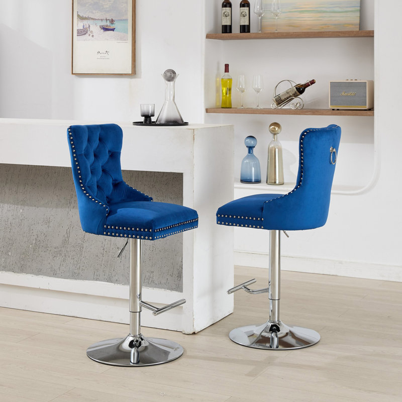 Tabourets de bar pivotants épais en velours chromé (sans table de salle à manger), Bleu, Argent argent