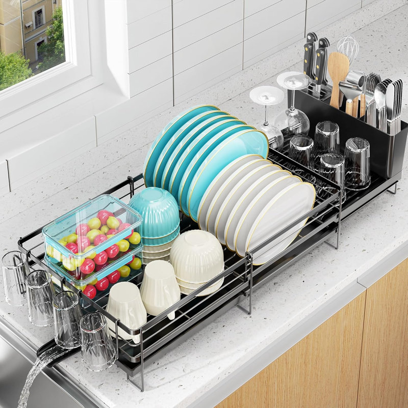 Expandable Dish Rack for Kitchen Counter, Dish Drainer with Drainboard Set, Multifunctional Dishrack with Utensil & Cup Holder