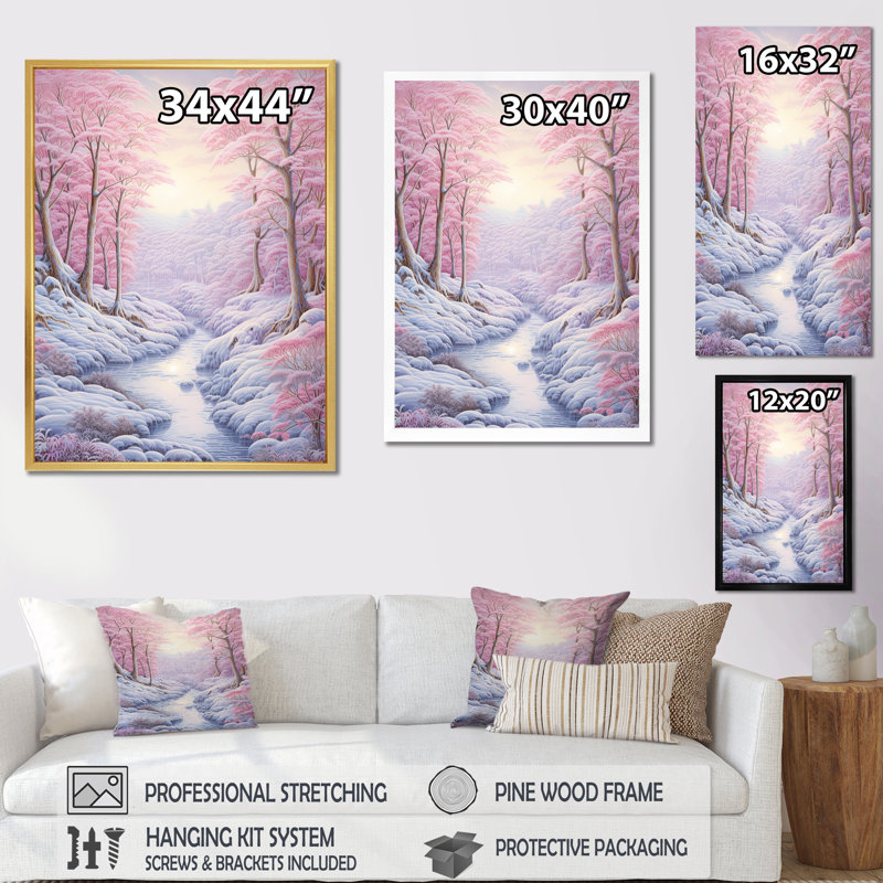 Kawaii paysage rivière d'hiver, H 20 po x l 12 po x P 1 po, Cadre flottant doré