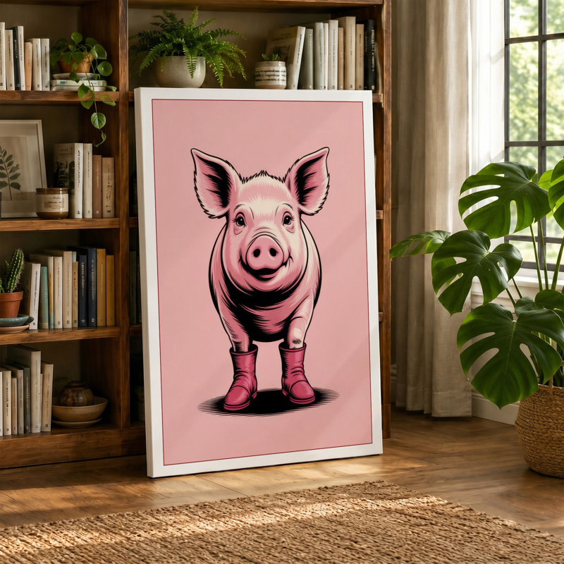 Happy Pig Cartoon - Wrapped Canvas, 18x12 - 45.7 x 30.5 cm, Taupe Border
