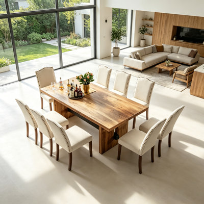 Ensemble de table de salle à manger 8 places rectangulaire en bois massif avec chaises rembourrées cloutées
