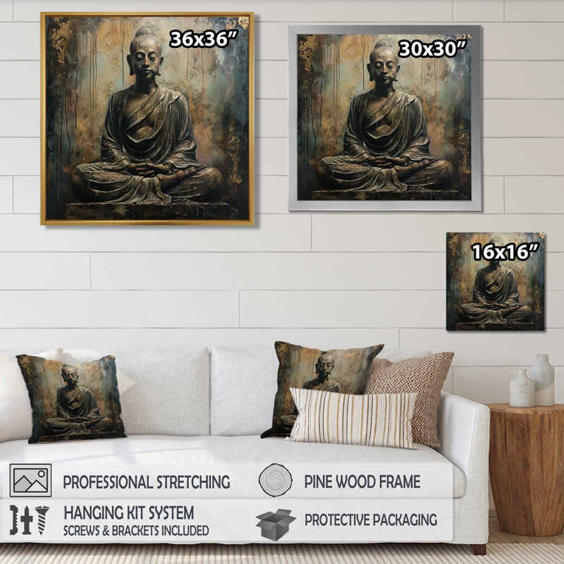 Bouddha rétro, art bleu argenté, Toile avec cadre flottant brun, H 16 po x l 16 po x P 1 po