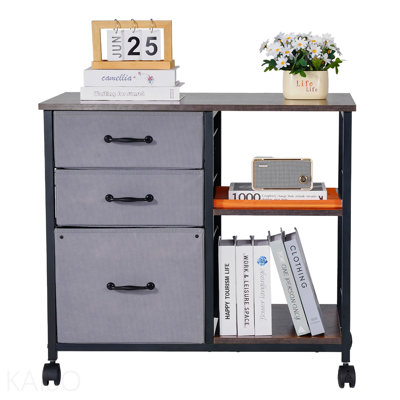 Brown Mobile Metal File Cabinet With 3 Fabric Drawers And 2 Open Shelves