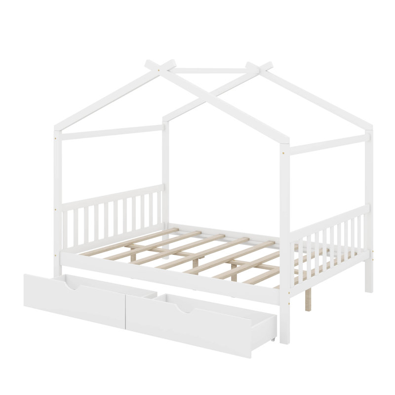 Lit plateforme double pleine grandeur avec 2 tiroirs, tête et pied de lit, toit, Blanc