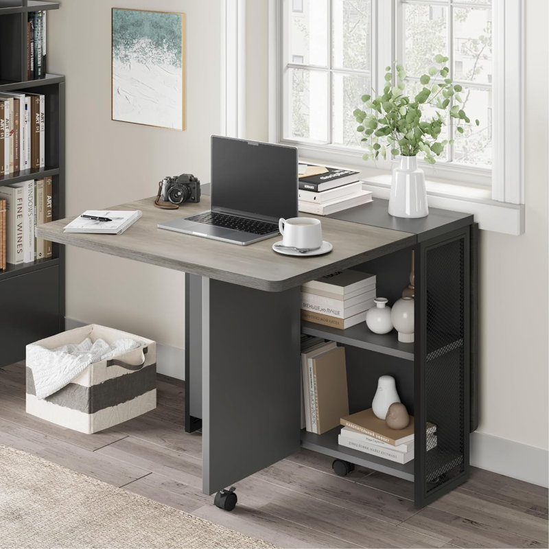 Space Saving Folding Dining Table With 2 Tier Storage-Extendable Drop Leaf Farmhouse Kitchen Dining Room Tables For 4, Collapsible Expandable Rectangle
