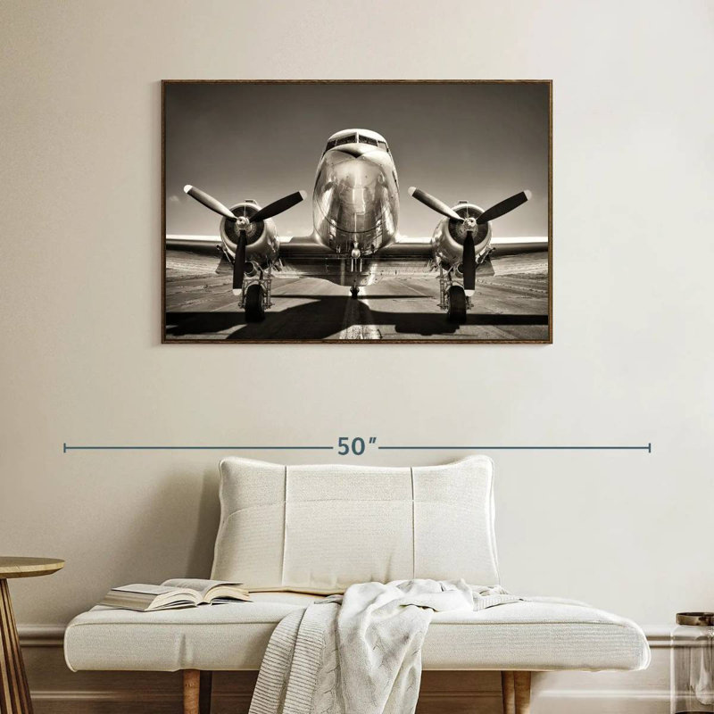 Avion rétro noir et blanc, Cadre flottant noyer, 40 po x 27 po