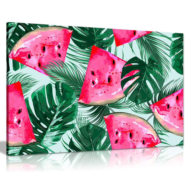 Tropical Watermelon Palm Jungle Botanical - Wrapped Canvas Print, 61cm H x 91cm W