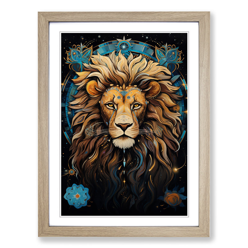 Leo Zodiac Hard Edge - Single Picture Frame Print on Wood, 46cm H x 34cm W x 2cm D, Oak
