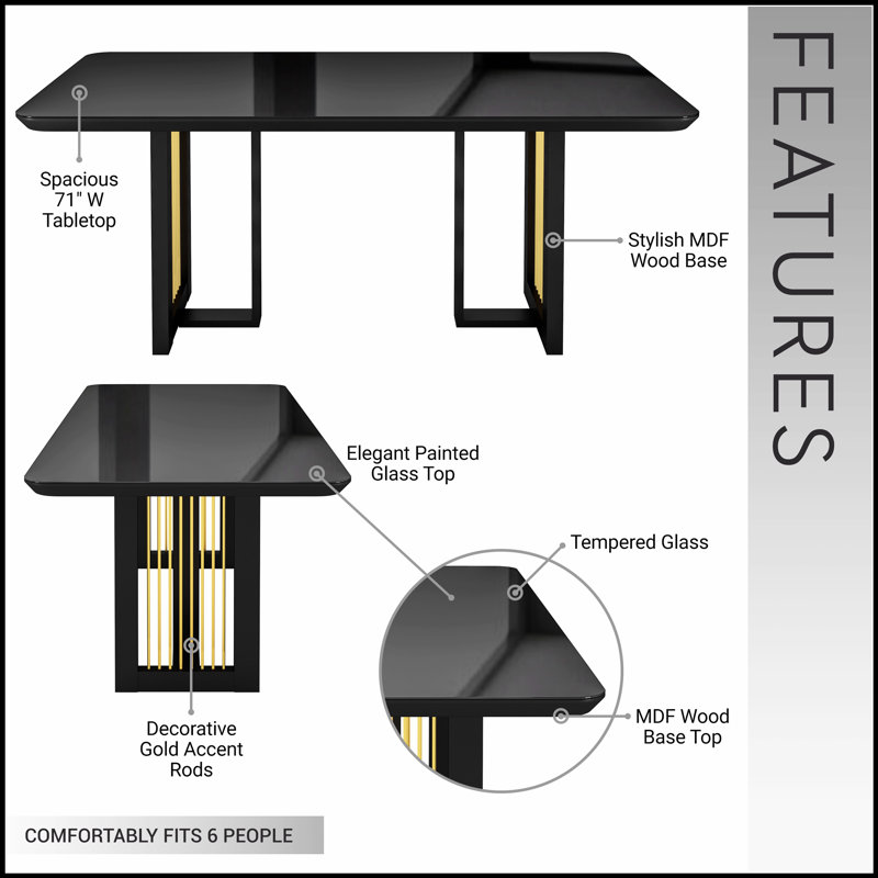 Table de salle à manger moderne 6 places avec accents dorés, noir et or, parfaite pour les repas élégants et les rassemblements sociaux