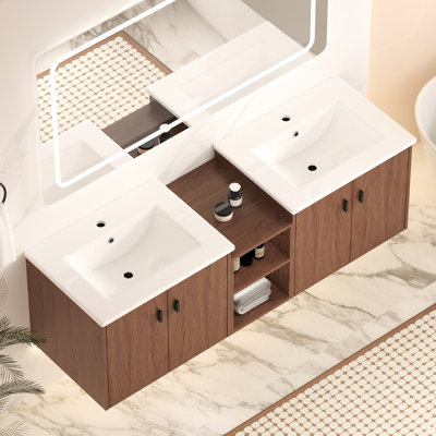 60in Reddish Brown Soft Close Doors Bathroom Vanity Small Storage Shelves 24" 12" Combination Cabinet Meticulously Crafted Silent Soft-close For Quiet Smooth Use Transitional Elegance In Decor