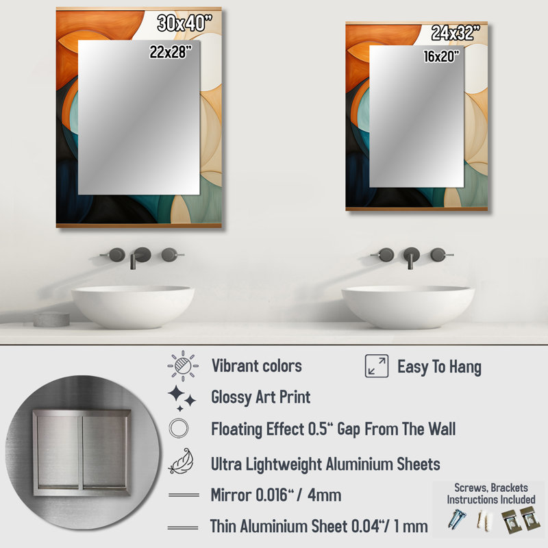Orange orange Mid Century Organic Harmony I - miroir moderne de style Mid-Century, miroir mural unique de style Mid-Century moderne, impression d'art en métal