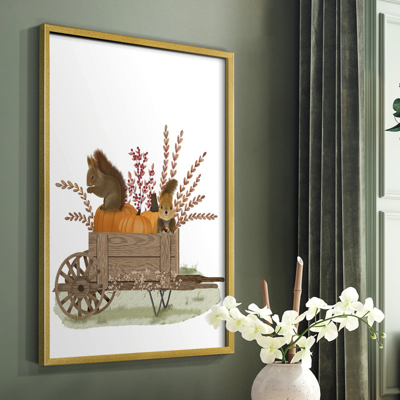 Squirrels In Pumpkin Wheelbarrow Framed Print - Solid Wood, 20" H x 16" W