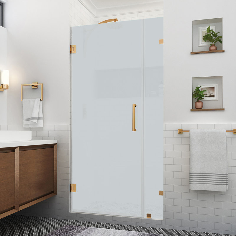 Nautis XL 27.25 - 28.25 in. W x 80 in. H Hinged Frameless Shower Door W/ Ultra-Bright Frosted Glass, Brushed Gold