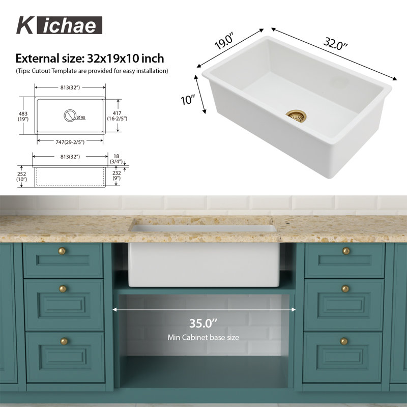 32" L x 19" W Ceramic Drop-in/Undermount Kitchen Sink, Single Bowl Kitchen Sink with Sink Grid and Basket Strainer