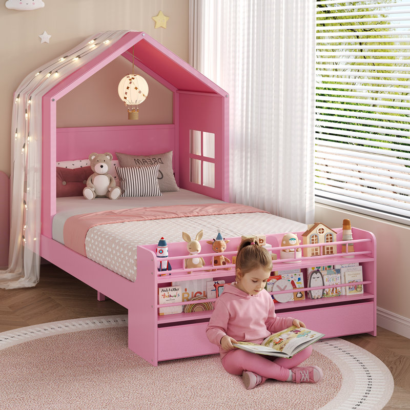 Twin Size Platform Bed Frame With 2 Storage Drawers And Open Bookshelves for Bedroom,House Bed with Roof & Curtain & Window,Toddler Bed,Space Saving No Box Spring Needed, Easy Assembly