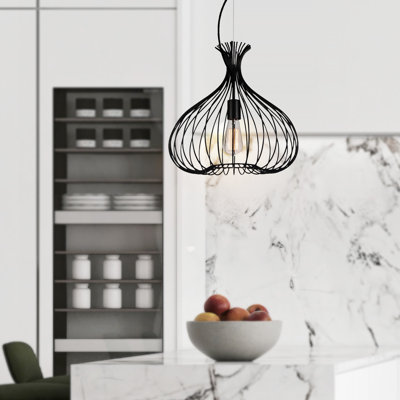 16'' 1-Light Down Pendant with Black Finish For Kitchen, Dining Room, Entryway – E26 Base, Bulb Not Included – Onion-Shaped Metal Cage Design, Rustic Modern Style