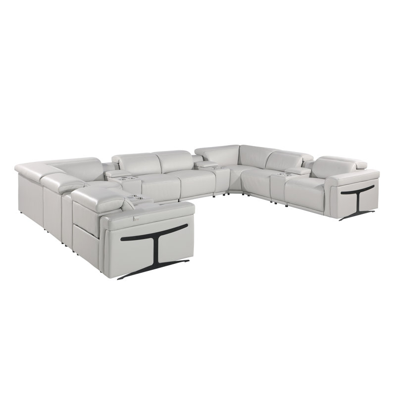Canapé modulaire en cuir grainé italien inclinable 4 pièces Stanwinn, Cuir véritable gris