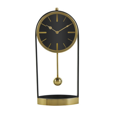Black/Gold Tall Analog Aluminum Metal Quartz Tabletop Clock with Swinging Ball Pendulum