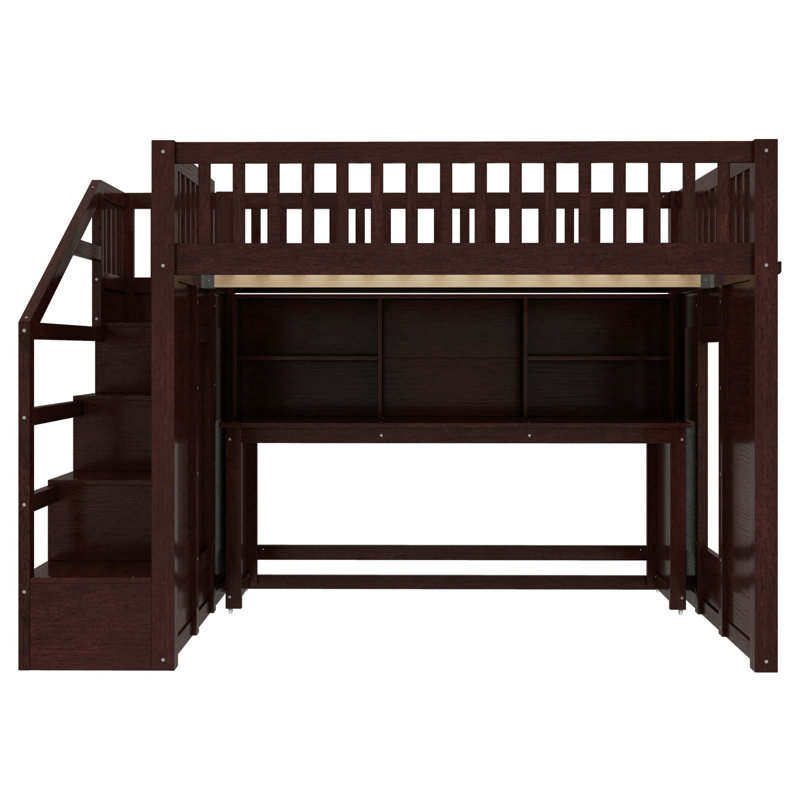Lit mezzanine double en bois massif avec bureau mobile et tablettes, Complète, Espresso
