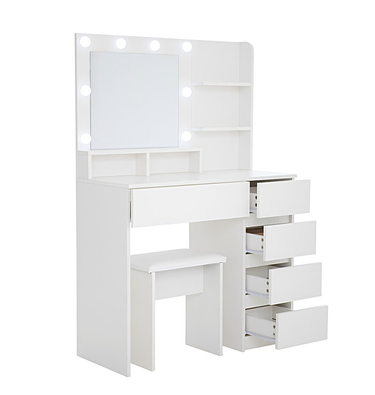 37'' White Makeup Vanity Set with Mirror & Light - Power Strip, 3 Modes Dimmable, Ample Storage, Includes Stool