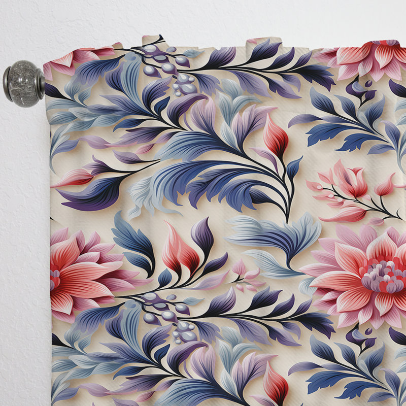 Ethno Damask Pink And Blue Ferns - Bohemian Curtain - Velvet Room Darkening - 1 Panel, 52" W x 108" L