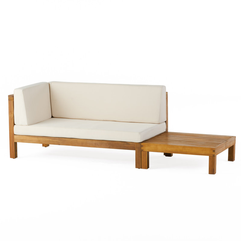 Ensemble de causeuse et table basse d'extérieur en bois d'acacia Seana, Accoudoir à gauche (vu de face), Beige, Teck