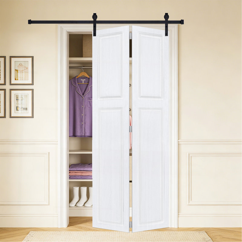 2 panneaux pliables de 84 po x 42 po Porte de grange coulissante en bois de noyer blanc avec ensemble de quincaillerie, 1