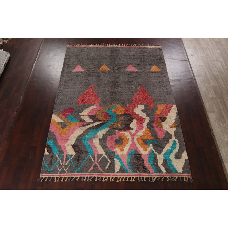 Tapis gris noué à la main de conception unique 7 pi 11 po x 10 pi 10 po