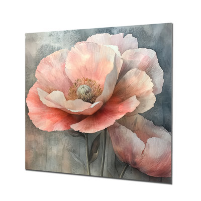 Pivoine rose délavée dansant sur pierre - coquelicots en métal, reproduction d'art traditionnelle en métal