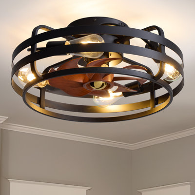 20" Modern Black Caged Flush Mount Ceiling Fan With Light And Remote – 8 Woodgrain Blades