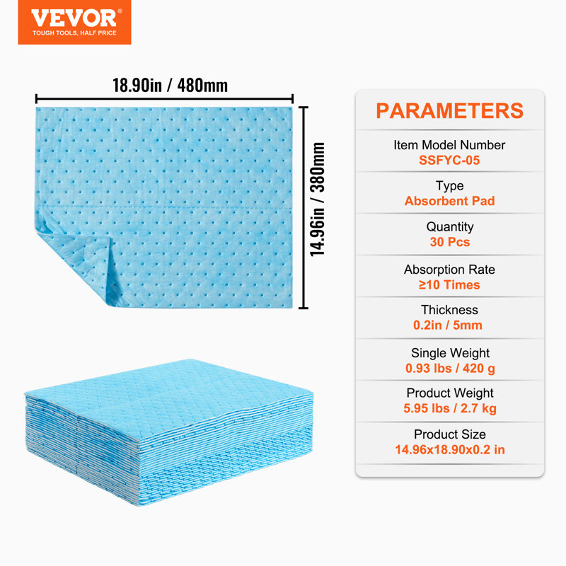Tampons absorbants contre les déversements de VEVOR, sous-tapis absorbant l'eau dans une boîte distributrice
