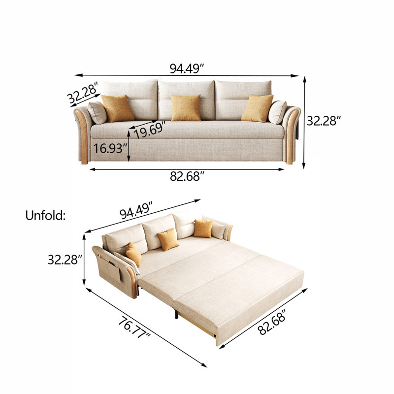 Canapé-lit beige moderne en coton avec coussins, H 32,28 po x l 94,49 po x P 32,28 po