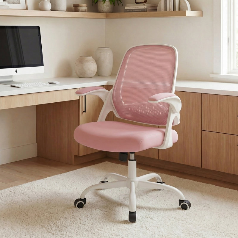 Ergonomic Mesh Home Office Chair with Armrests, Space-Saving Design and Steel Base, Pink, Steel
