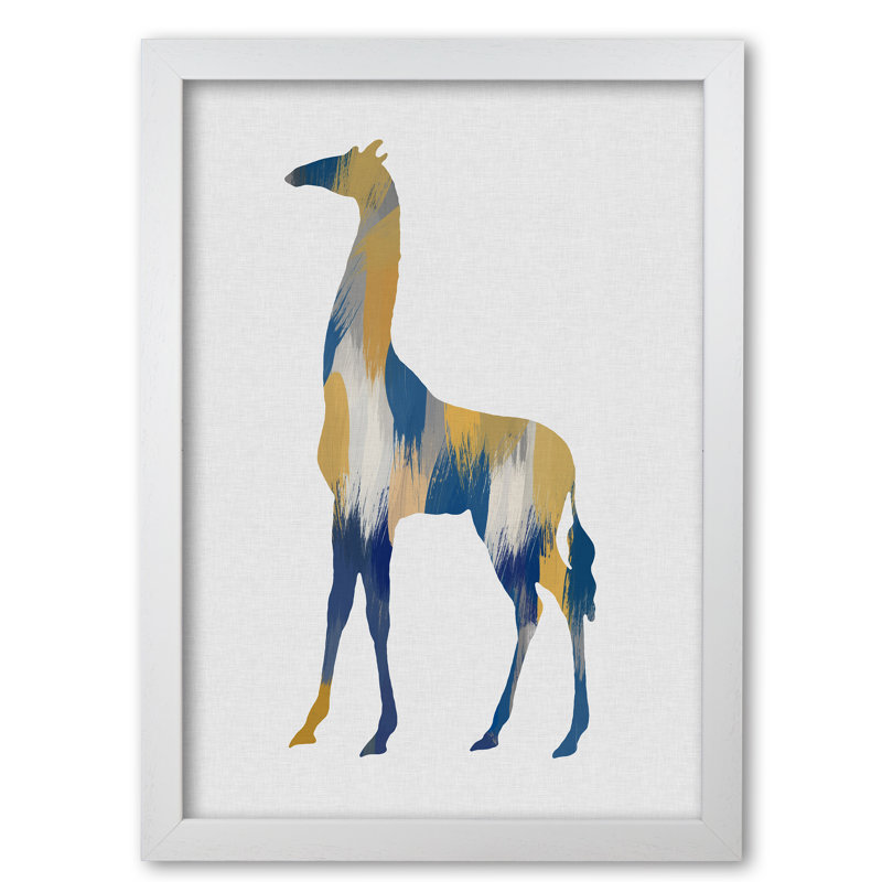 Giraffe Blue & Yellow - Print, 85 cm H x 60 cm W x 5 cm D, White Grain Frame