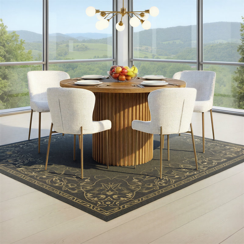 Five Piece Round Mid Century Modern Dining Set With Performance Upholstered Dining Chairs- Chestnut, Chestnut