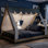 Lit de style maison basse avec lumières et rideaux