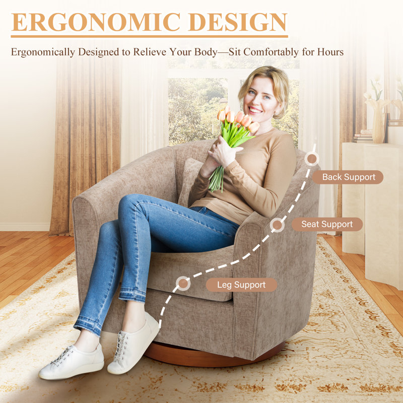 Fauteuil demi-tonneau pivotant avec base en bois massif et coussin décoratif, Mélange de polyester brun clair