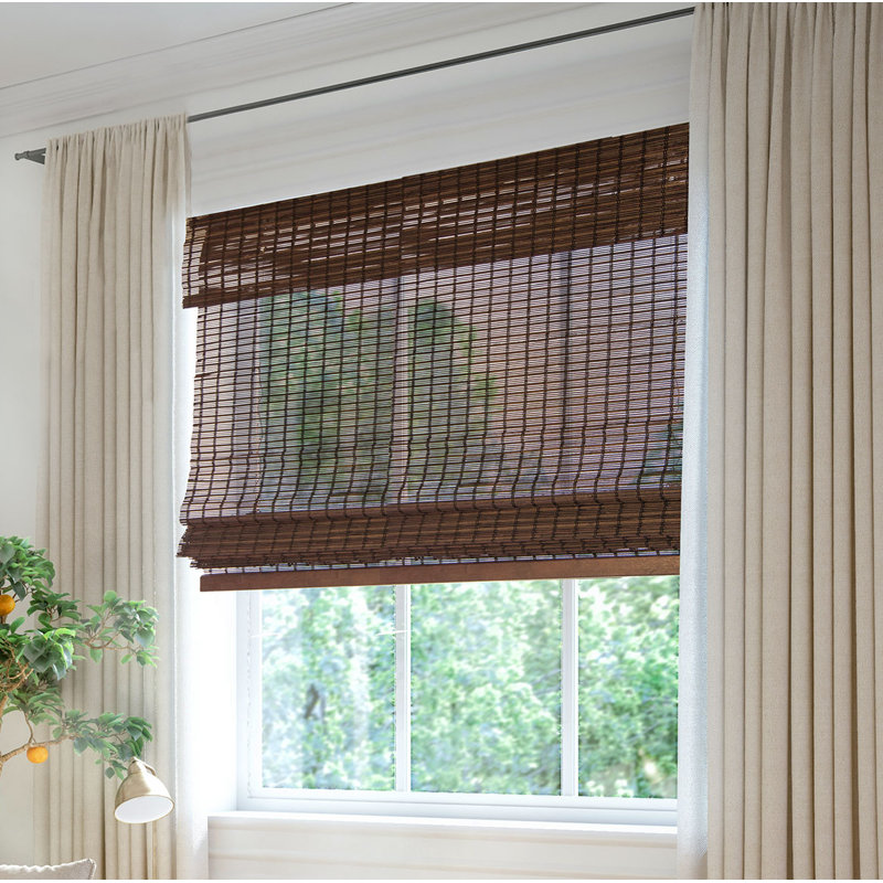 Cordless Light Filtering Woven Wood Bamboo Roman Shade with Valance, Gray, 23"W x 64"L