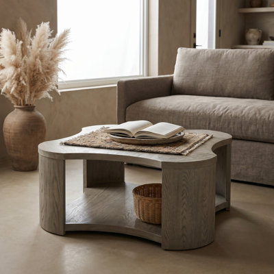 Washed Oak Four-Leaf Clover Shaped Coffee Table, Rustic Wabi-Sabi Living Room Cocktail Table