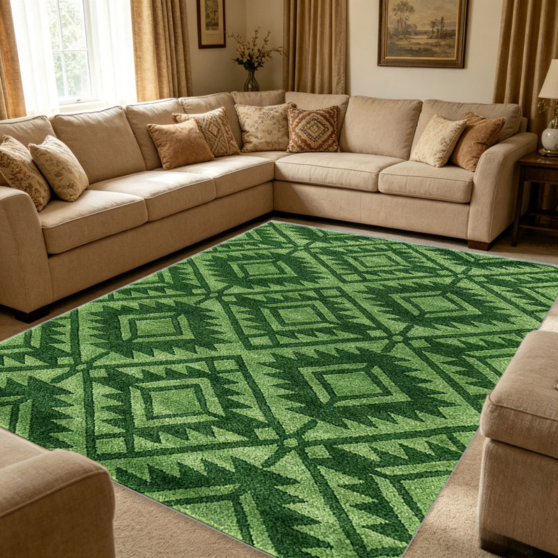 Green Southwestern Geometric carpet-easy to clean, machine-washable, soft and comfortable; suitable for door mats, kitchens, living rooms, bedrooms, corridors, and laundry areas. Easy to clean, durable carpet for home decoration.