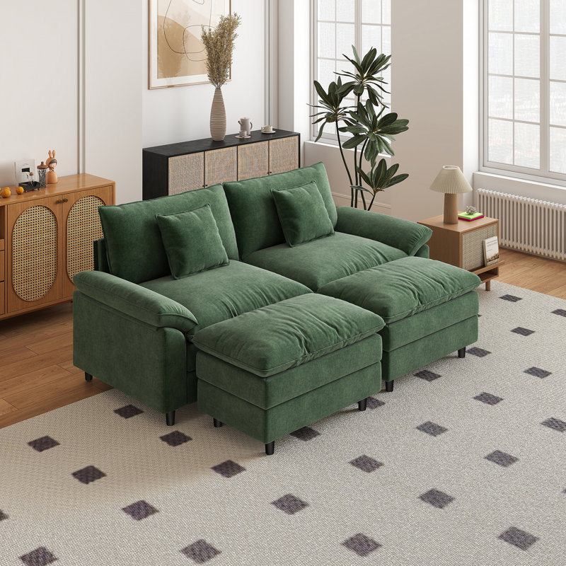 Canapé double en chenille avec deux repose-pieds, Vert