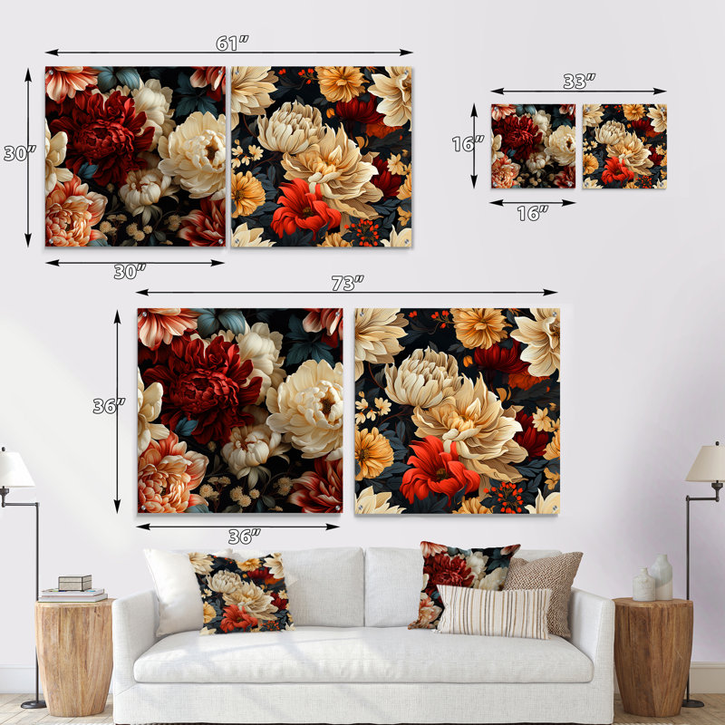 White Timeless Peony Elegance Wonderland - Abstract Acrylic Wall Art Glass Set Of 2, 16" H x 33" W