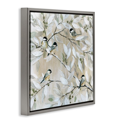 Chickadee Birds on Branches Grain Framed Floater Canvas Wall Art by Carol Robinson