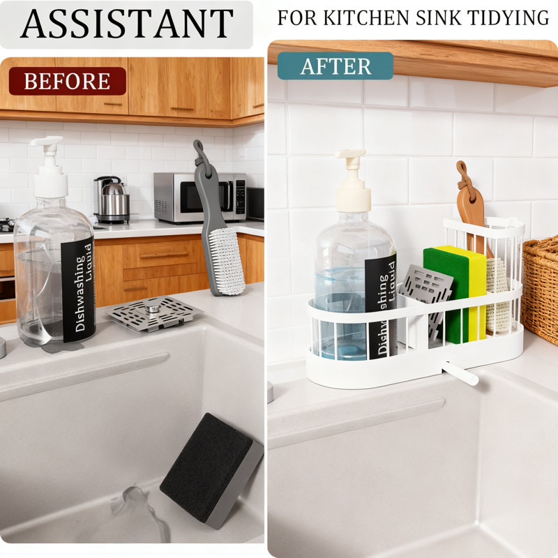 Éponge de cuisine et porte-brosse avec drainage automatique, base en plastique antirouille, support en silicone antidérapant et 3 compartiments pour une organisation optimale de l'évier
