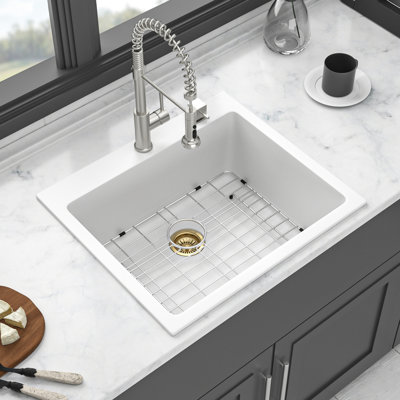 25X22" White Granite Quartz Drop - In Kitchen Sink, Long Lasting And Low Noise, Rounded Corners For Quick Clean Up, Package With Drain Strainers Composite Quiet, Wiping,