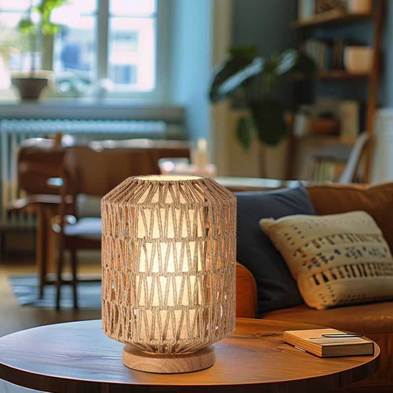  Table lamp, Rattan Double Cover lamp,Farmhouse Rattan Weaving Table Lamp Metal Base, Handmade Boho Bedside Lamp for Bedroom Living Room House Office