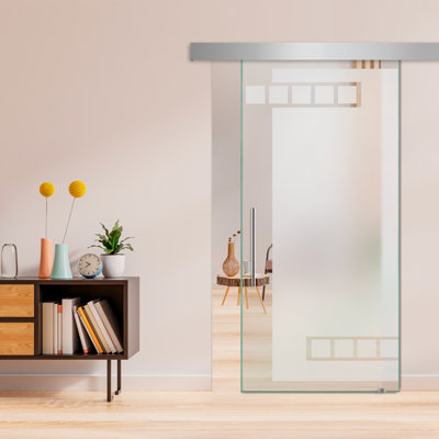 Frameless Glass Sliding Barn Door with Sandblasted Modern Design + Hardware Kit (Semi-Private)