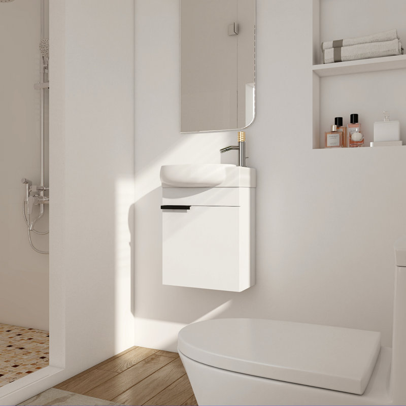 Meuble-lavabo à fermeture en douceur avec lavabo, 16 pouces pour petite salle de bain, Noir, Blanc