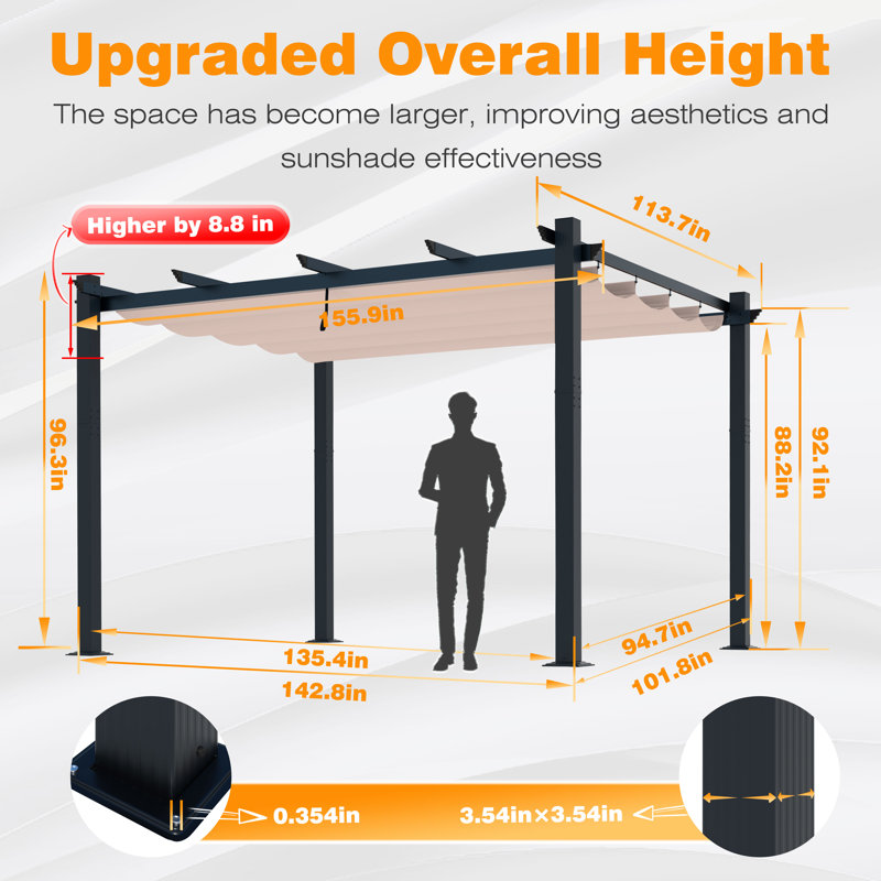 Aluminum Pergola with Canopy, Cream, 13 ft. W x 10 ft. D